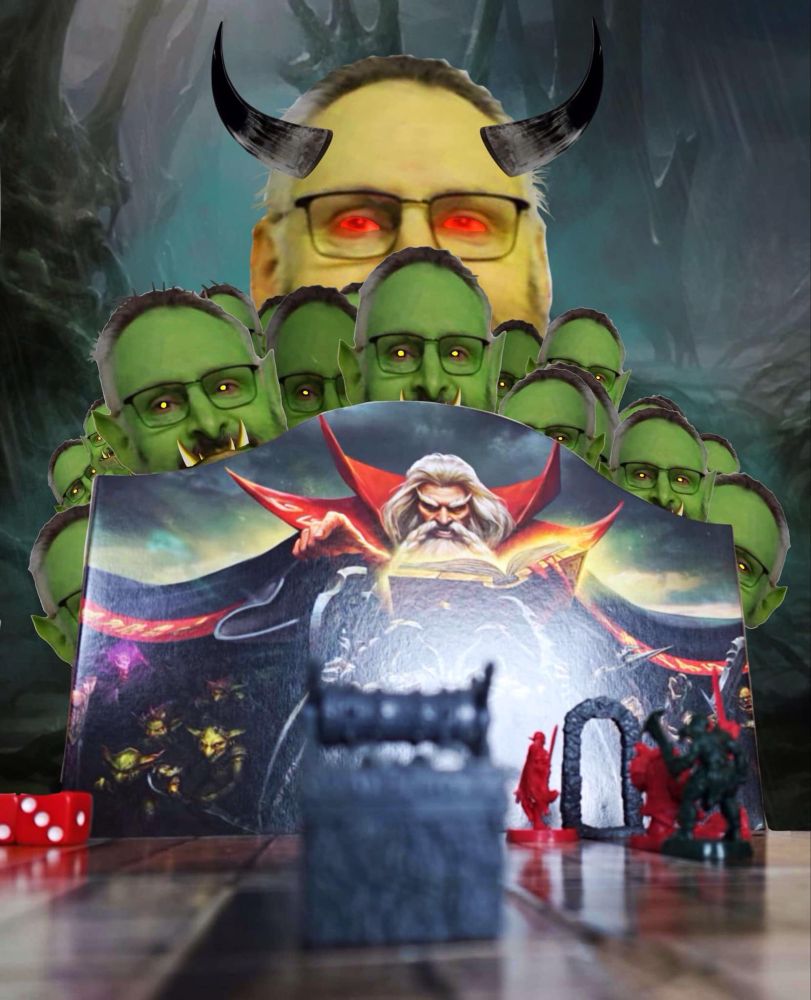 Many heads of the Evil Horned Webster sitting behind the Zargon GM Screen from HeroQuest with the dungeon in the foreground.