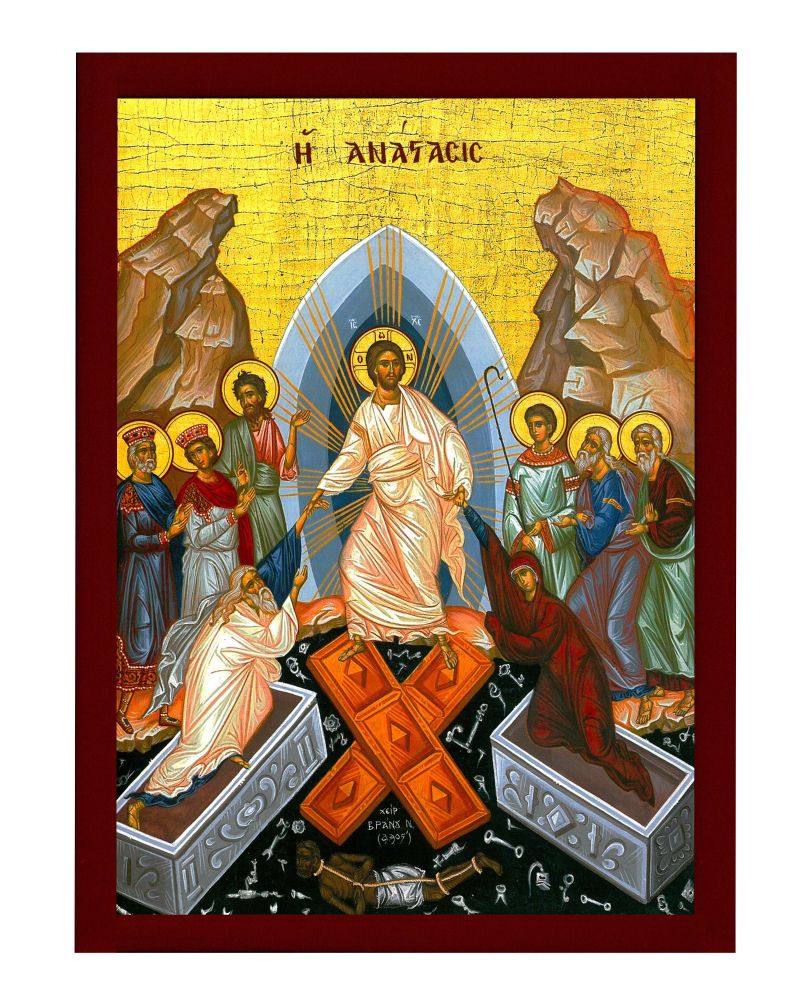 Orthodox Christian ikon of Christ resurrected, exiting the tomb with light emanating from behind as he tramples on the doors of Hades which form a cross beneath his feet. Christ helps figures rising from the tombs either side as a crowd of saints watches in wonder. 
