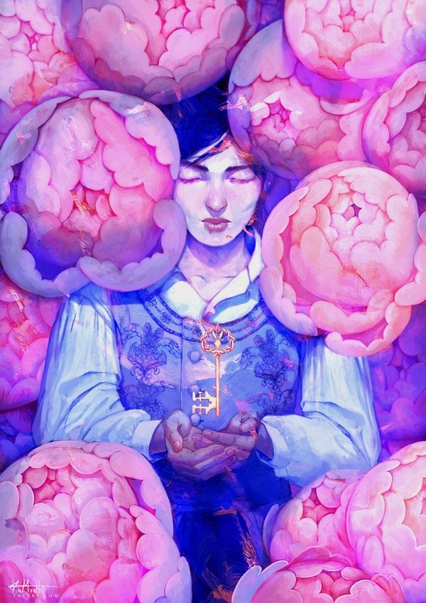A digital painting of a boy with short dark hair, eyes closed in a calm expression. He wears a white shirt with a blue embroidered vest. He holds a golden key in his cupped hands. Large pink peonies surround him, filling the frame. The colours are predominantly pink, purple, and blue, creating a soft, dreamlike mood.