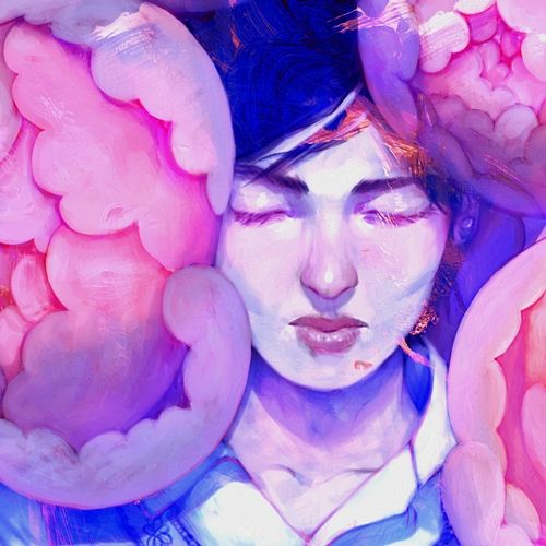 Close up of A digital painting of a boy with short dark hair, eyes closed in a calm expression. He wears a white shirt with a blue embroidered vest. He holds a golden key in his cupped hands. Large pink peonies surround him, filling the frame. The colours are predominantly pink, purple, and blue, creating a soft, dreamlike mood.