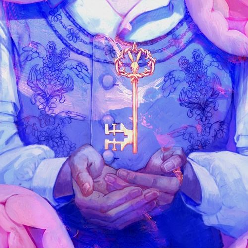 Close up of a digital painting of a boy with short dark hair, eyes closed in a calm expression. He wears a white shirt with a blue embroidered vest. He holds a golden key in his cupped hands. Large pink peonies surround him, filling the frame. The colours are predominantly pink, purple, and blue, creating a soft, dreamlike mood.