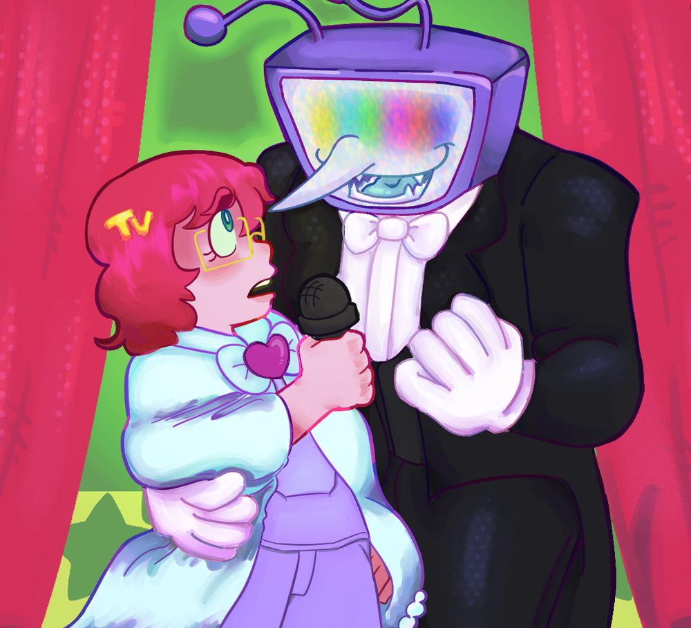 tenna is dressed as the phantom as his screen blares rainbow, grabbing zajac's waist to pull him and the microphone closer. his usual lapel pin is a barette in zajac's hair, and zajac's usual dark world outfit is changed to paler colors to evoke cassandra. he holds the mic nervously while singing.

the background is the usual tv time stage but darkened.