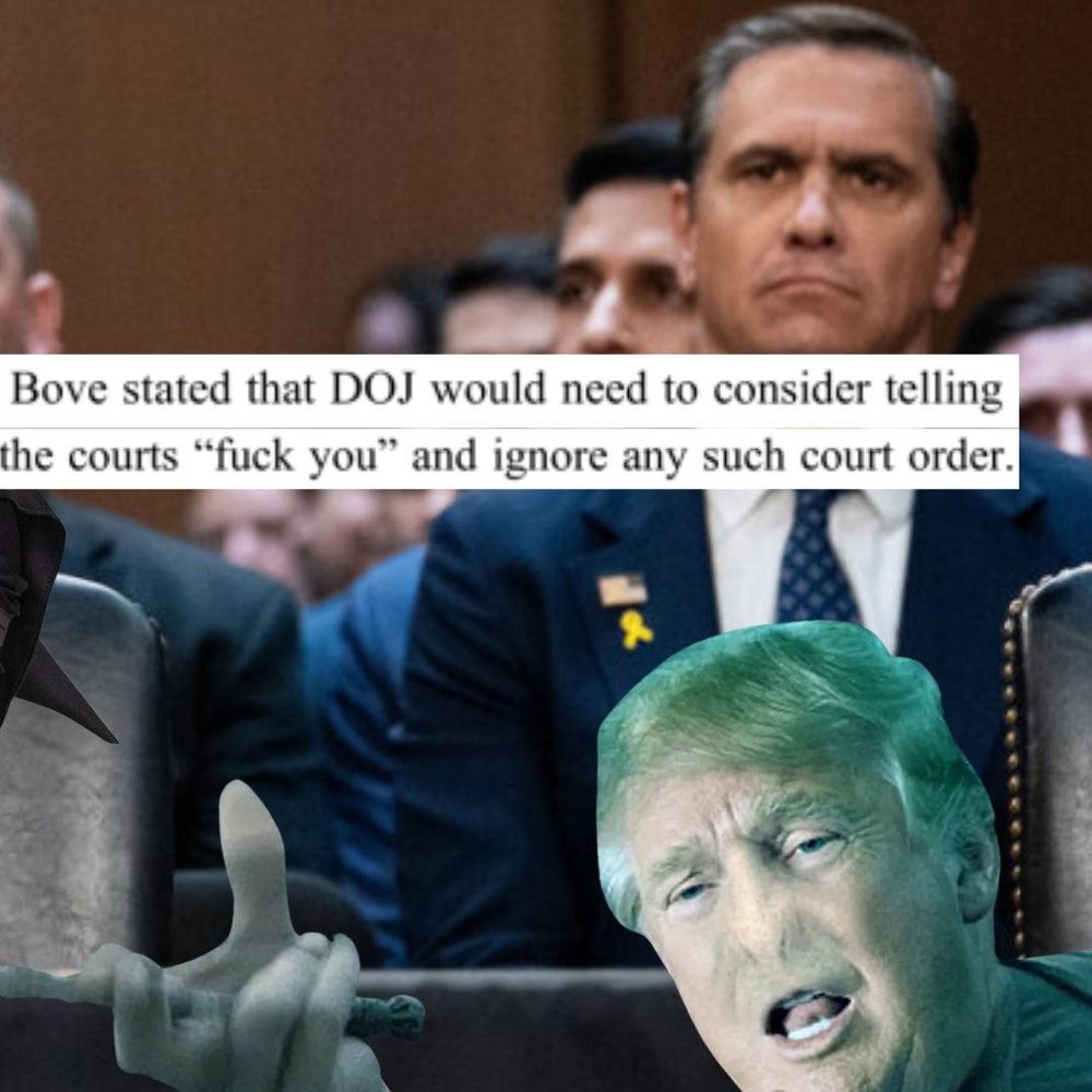 With the same background of the confirmation hearing, this side of the collage includes text of DOJ whistleblower Erez Reuveni's letter reading "Bove stated that DOJ would need to consider telling the courts "fuck you" and ignore any such court order" and Trump with Voldemort's snake nose touching Bove's Dark Mark with his wand.
