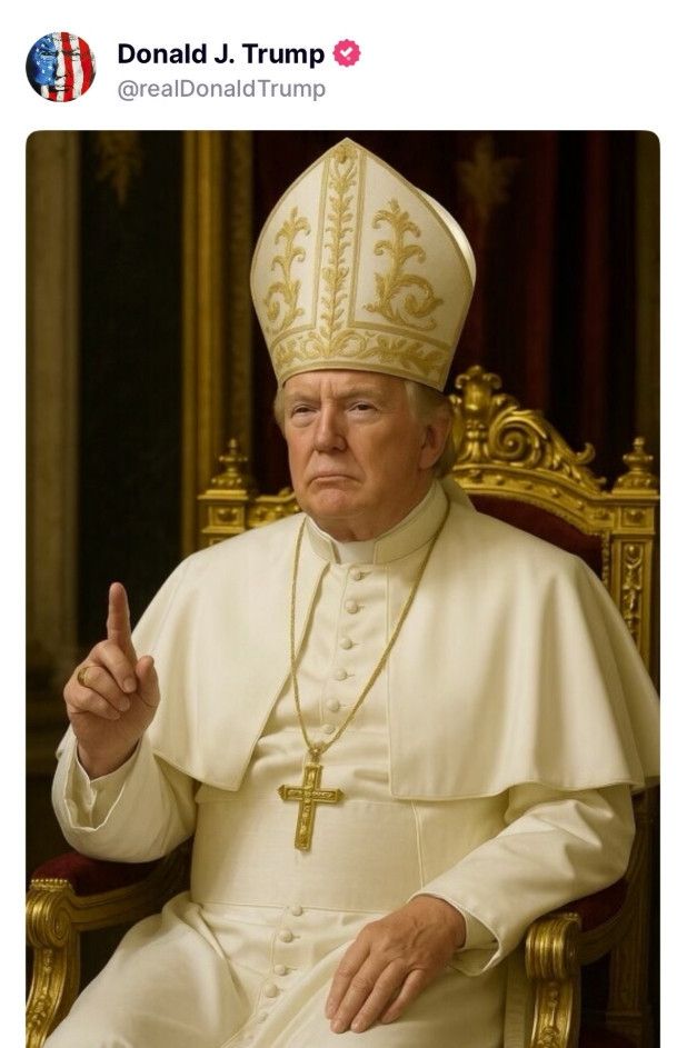 DT dressed as pope signalling an out like umpire in cricket. 