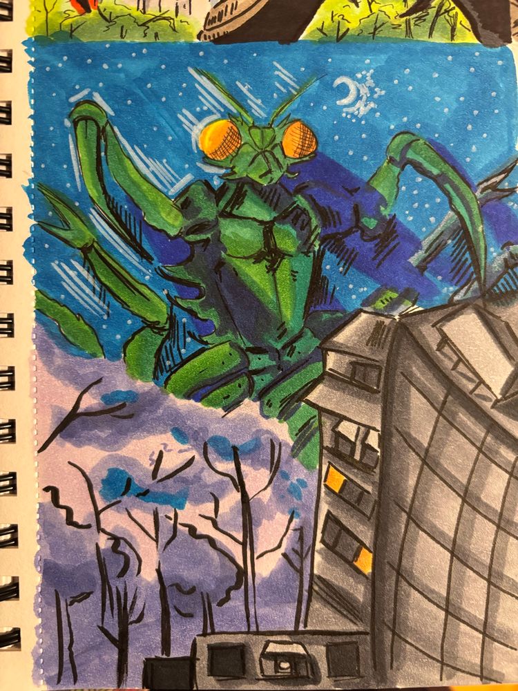 Marker drawing of Kamacuras preparing to devastate a city at night.