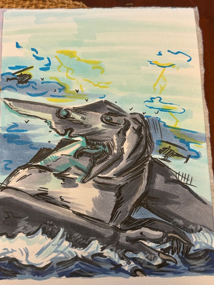Marker drawing of Pacific Rim’s Knifehead emerging from a storm tossed sea.