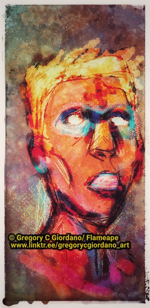 A androgynous person with fiery orange skin and white glowing eyes looks up into the sky