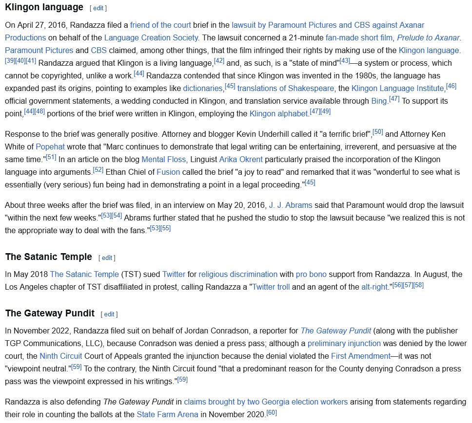 Fragment of Marc Randazza wikipedia page, career section.