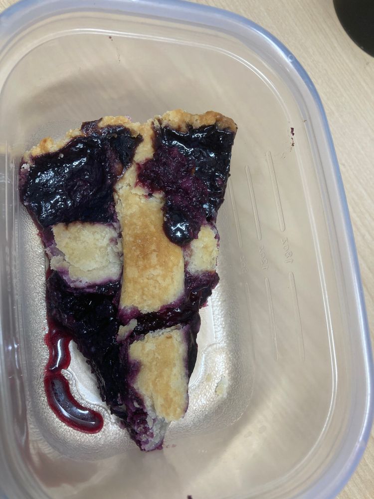 A slice of delicious homemade blueberry pie in a plastic container 
