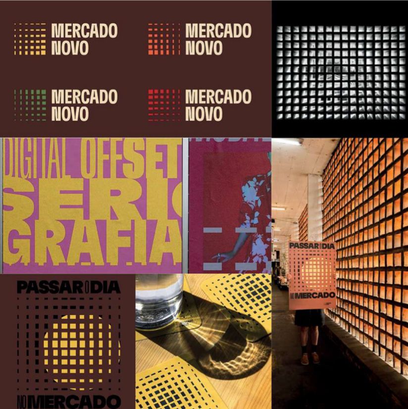 Aplicações da identidade visual do Mercado Novo (Belo Horizonte), tema da questão discursiva do ENADE 2025 de Design Gráfico.