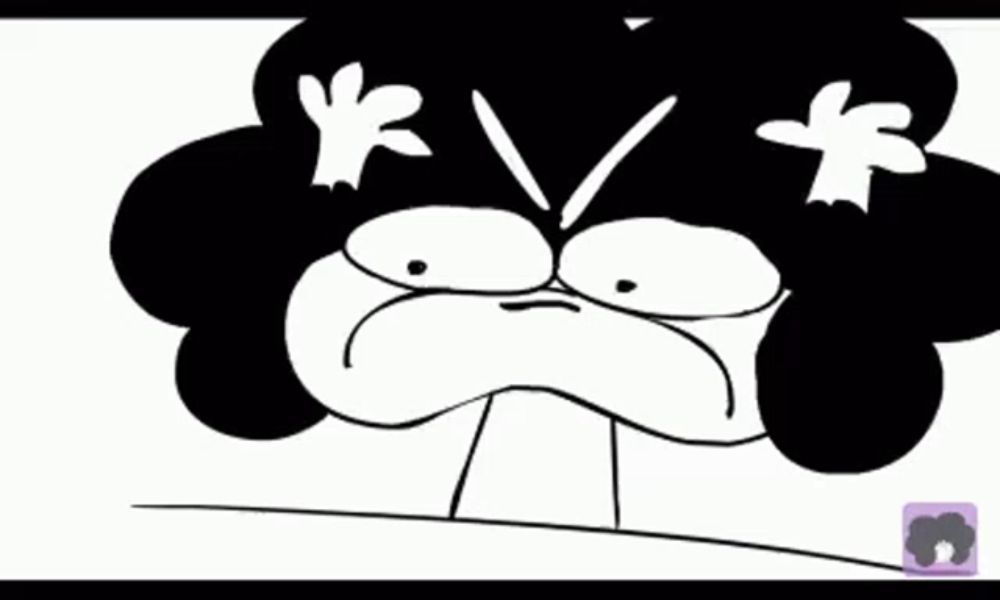 a black and white drawing of a cartoon character with a very angry expression .