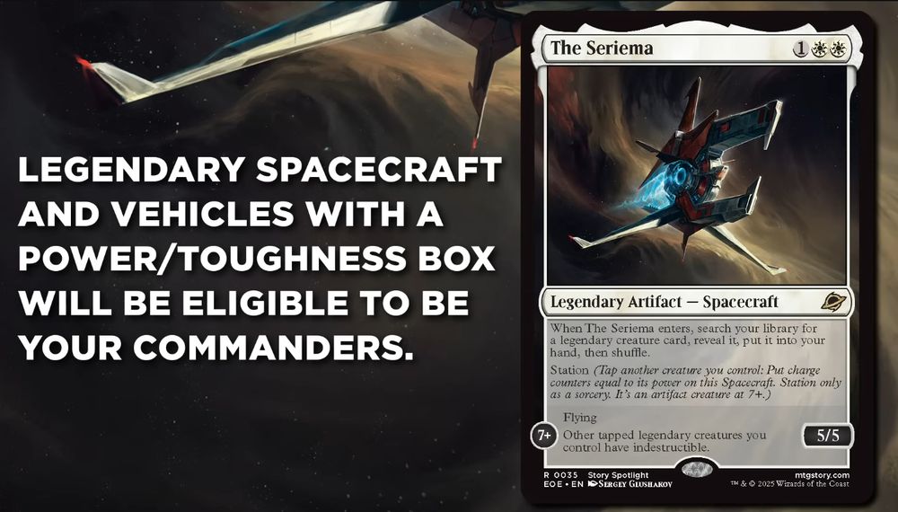 A graphic from Wizards of the Coast featuring a spoiler for an upcoming Spacecraft card and announcing the new commander rules change: "Legendary spacecraft and vehicles with a power/toughness box will be eligible to be your commanders."
