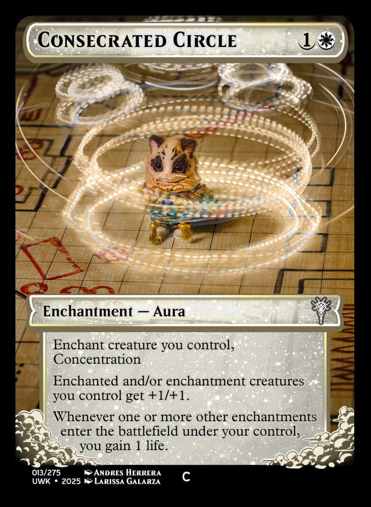 A homebrew MtG card: Consecrated Circle. It's a white Aura enchantment featuring very special art. A timelapse photograph depicts a handmade cat cleric minifig on a dungeon map, surrounded by paw print of swirling light.