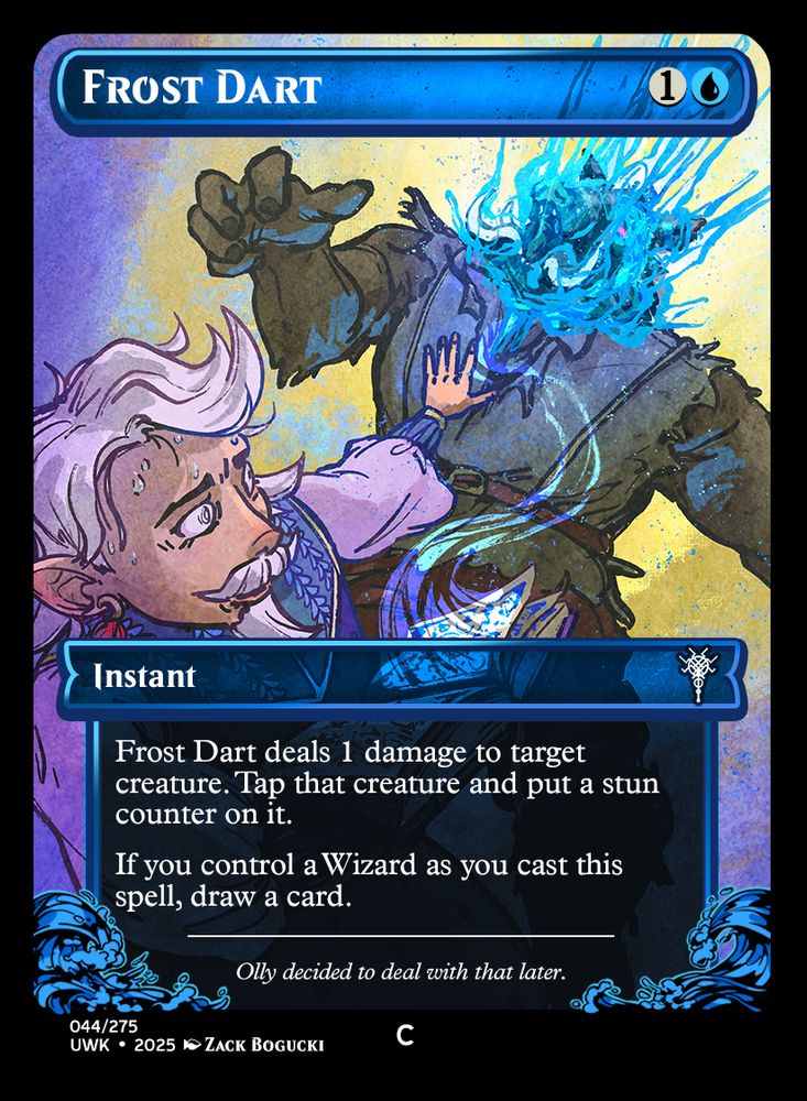 A homebrew MtG card: Frost Dart. It's a blue instant that pings a creature for 1 damage and puts a stun counter on it. The art features Olly, the nervous wizard of our D&D party frantically freezing the head of a looming wereboar.