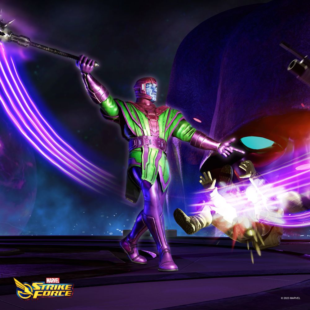 Closer image of Kang in MARVEL STRIKE FORCE batting badees while The Living Tribunal’s face is giant in the background peeking over the battle platform in a space scape