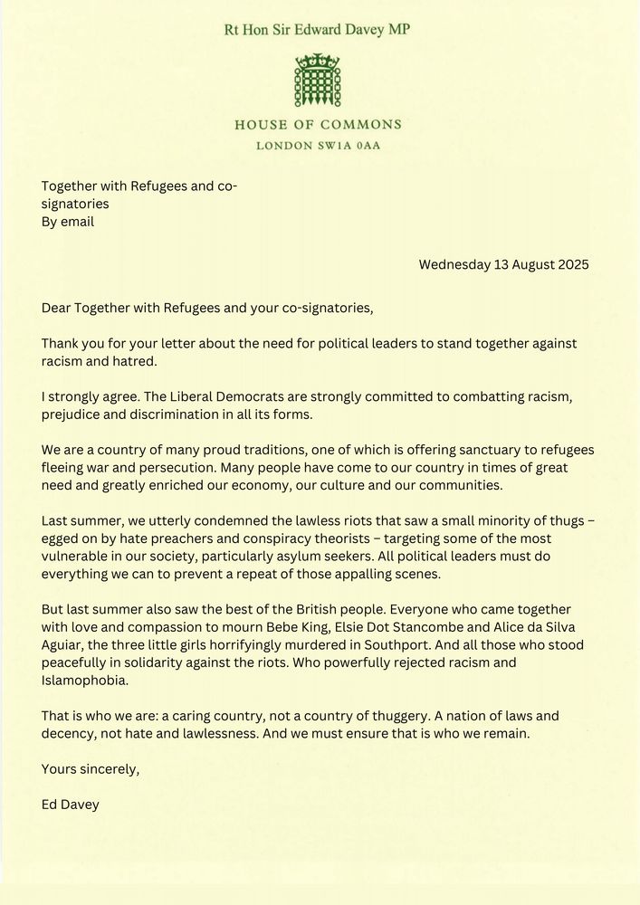 Letter from Ed Davey to Together with Refugees and co-signatories committing to stand together against racism and hatred. Full letter text available at link below.