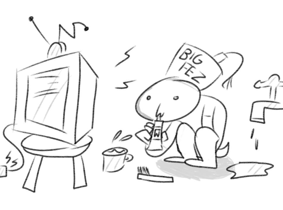 justin in his basement eating toothpaste 24/7 watching the new episode of breaking bad after just brushing his teeth after a long day of work at the office while wearing a big funny hat