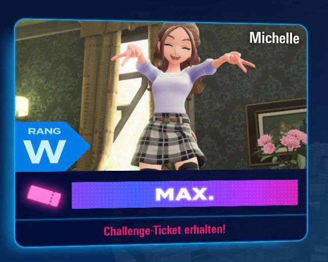 A cheerful female avatar named Michelle is shown celebrating in a cozy room with patterned wallpaper and a picture of pink flowers on the wall. She’s wearing a white top, a plaid skirt, and black knee-high socks, smiling brightly with her arms stretched forward in excitement. The screen displays “RANK W,” “MAX.” and the message “Challenge Ticket received!”