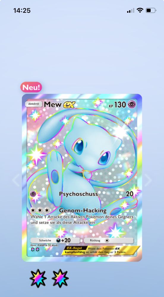 Screenshot der App "Pokémon TCG Pocket", der eine Karte zeigt. Es handelt sich dabei um die shiny Mew Fullart-Karte, die das Pokémon Mew zeigt, welches diesmal hellblau und nicht rosa ist. Die Karte glitzert.