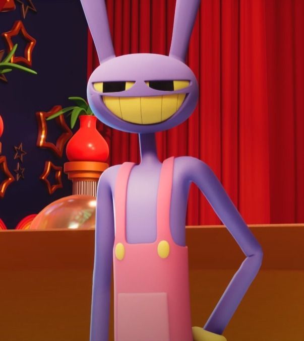 A tall, stylized purple rabbit character with long ears, a wide yellow grin and half-lidded eyes stands with one hand on their hip. They wear pink overalls with yellow buttons. The background shows red curtains and colorful decorations, giving the scene a playful, slightly mischievous atmosphere.