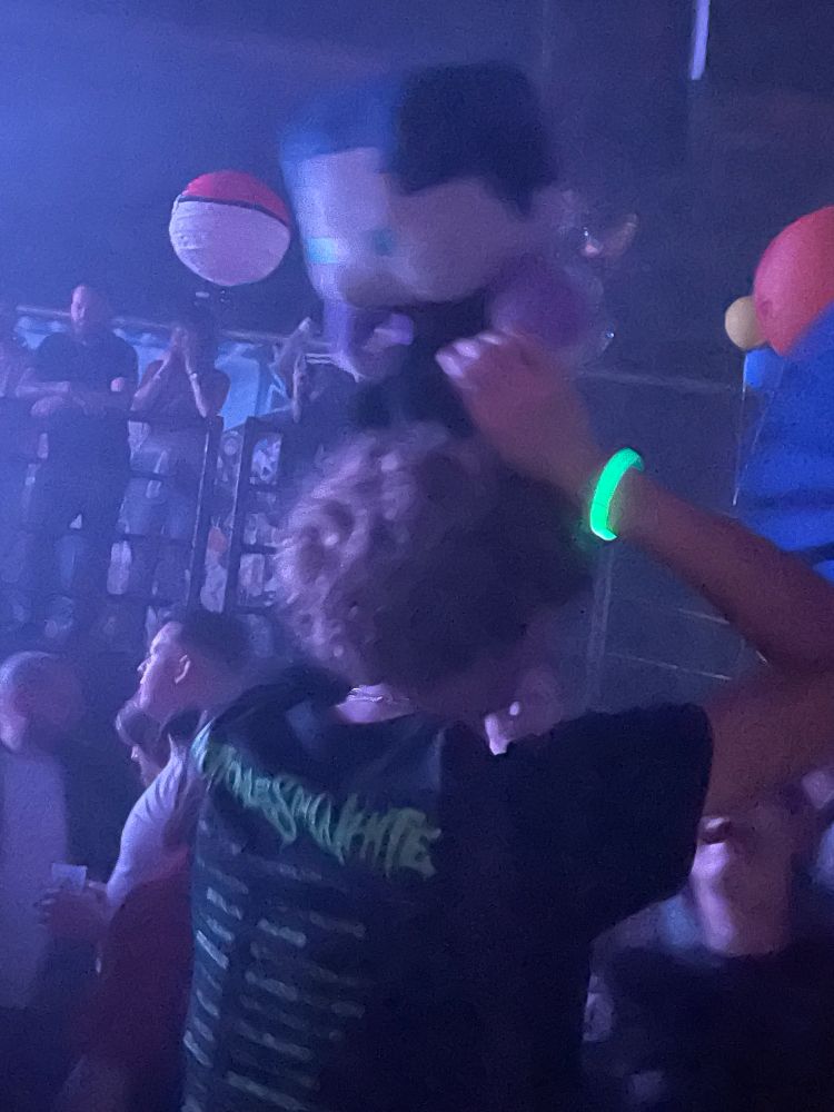 Eine Person mit einem schwarzen T-Shirt und einem grünen Leuchtarmband tanzt in einer Menschenmenge. Auf dem Kopf balanciert sie ein großes Plüschspielzeug des Streamers BastiGHG.