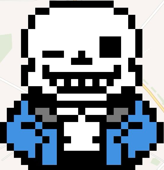 Pixel art of Sans from Undertale, winking and wearing his signature blue jacket, created on a collaborative online canvas.