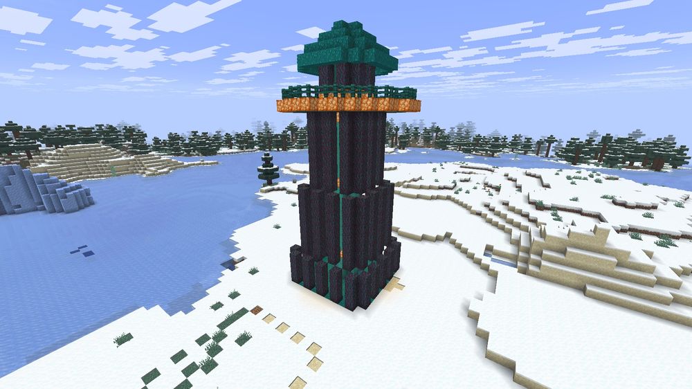 A lighthouse constructed in creative mode in a snowy beach biome in Minecraft. It consists of many warped logs in a pattern and is topped with a house with warped wart on a platform lined with shroomlights.