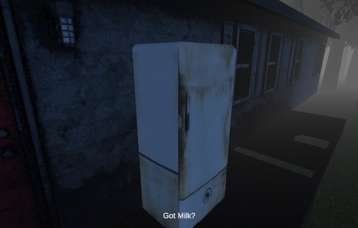 A rusty fridge in front of a condemned mobile home, with a caption reading "Got Milk?"