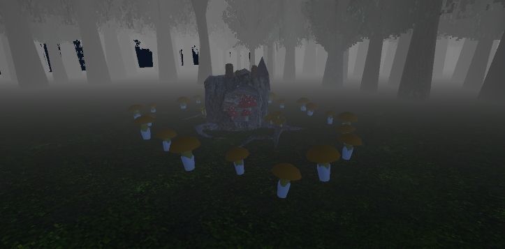 A hollowed out stump with some mushrooms surrounding it in a circle as well as with a few mushrooms growing within it, on it and along its exposed roots.