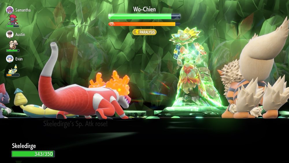 Screenshot of Pokémon violet, showing me taking on the shiny Wo-Chien tera raid with my skeledirge