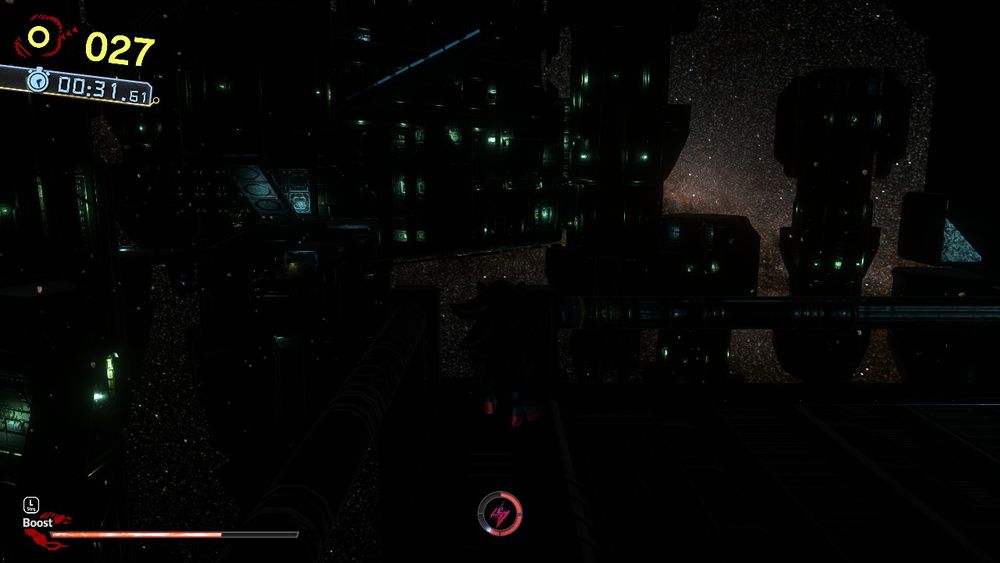 A screenshot of Colony Ark act 1 in pitch black, with the exception of point lights