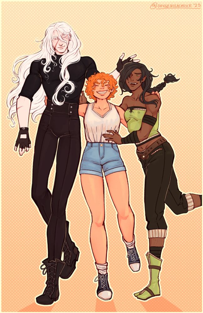 Digital drawing of three people smiling with their arms around each other. On the left, a tall man wearing dark clothes with long white hair. In the middle, a shorter woman with curly orange hair and freckles. In the right, a woman wearing green clothes and has her hair in a braid.