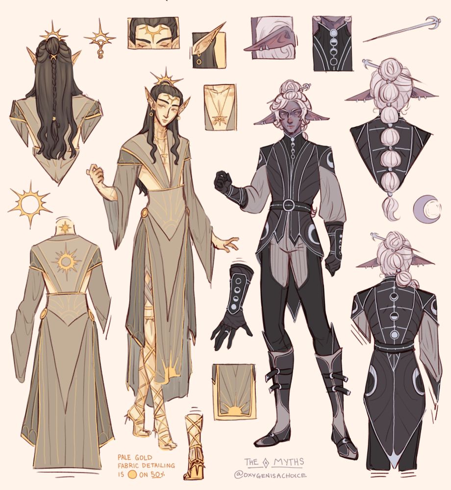 Various digital drawings of the design components of two elven men- one is pale with dusky hair and the other has purple-gray skin and light silver hair
