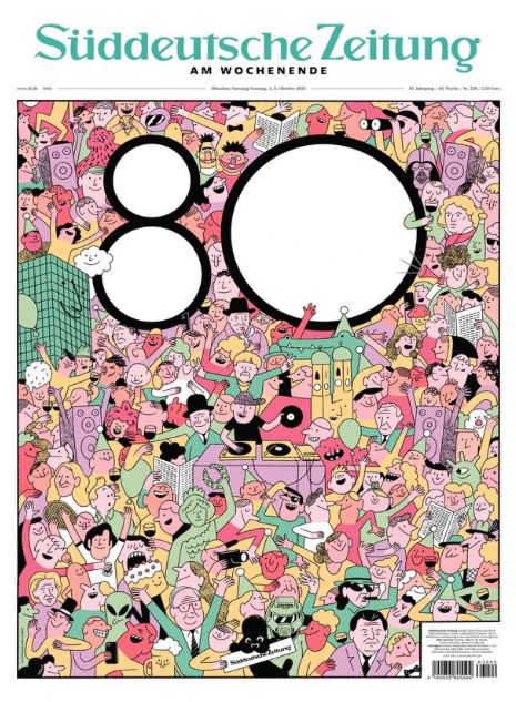 Titelblatt der Jubiläums-SZ mit Wimmelbild-Comic mit vielen bekannten und unbekannten Figuren um eine schöne 80 herum drapiert. 