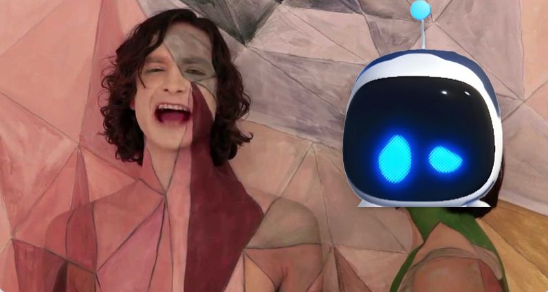 A still from the music video "Somebody That I Used to Know" by Gotye, but Kimbra's face is replaced with Astro Bot's face