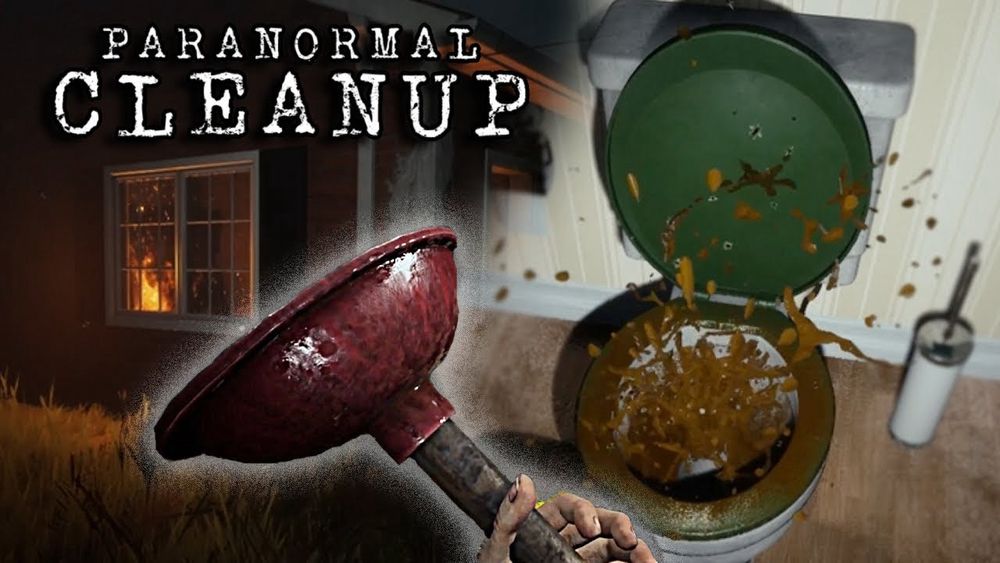 To the right, a terrifyingly explosive toilet with brown water splashing out. In the center is a glowing hand holding a single plunger that in no way will be able to unclog such a toilet. And to the left is a house with a fire inside, which is probably what should be done bc that toilet cannot be saved, nor can the ghosts within it. “Paranormal cleanup” title sets itself to the top left. 