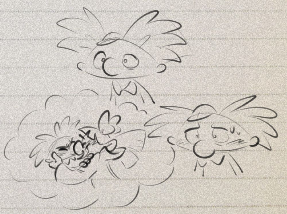 Continuing from the last drawing, Arnold pauses in his thinking. He then visibly deflates, blushing as he recalls the events on the FTi tower. The thought bubble next to him now shows Helga affectionately grabbing him, pressing their noses together.