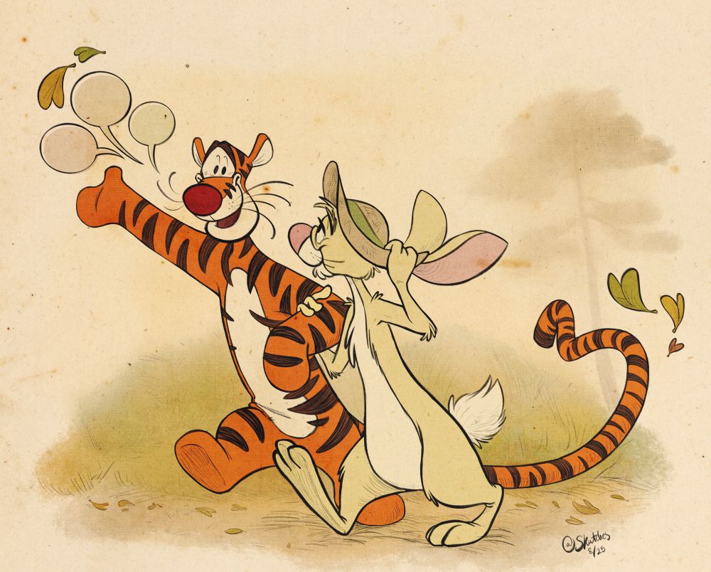 Illustration of Tigger and Rabbit walking together in Autumn. Tigger gestures and speaks whilst Rabbit looks at him fondly, holding Tigger’s arm. Rabbit dons a straw hat, and Tigger’s tail curves into a heart.