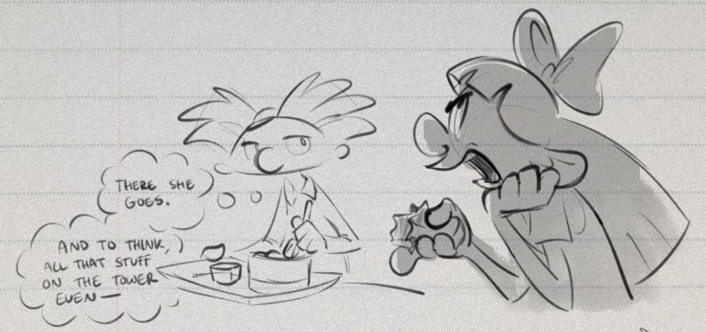 Helga complaining as Arnold looks to her from across a table, seated with his lunch. A thought bubble next to Arnold reads: “There she goes. And to think all that stuff on the tower even—“