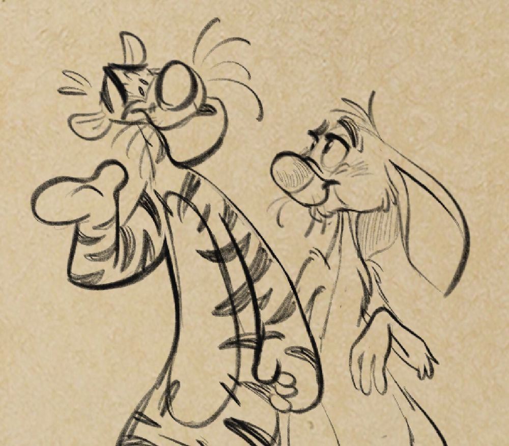Rabbit and Tigger holding hands. Tigger holds his other hand out, nervously smiling. Rabbit looks at him with a quirked brow, smiling contently.
