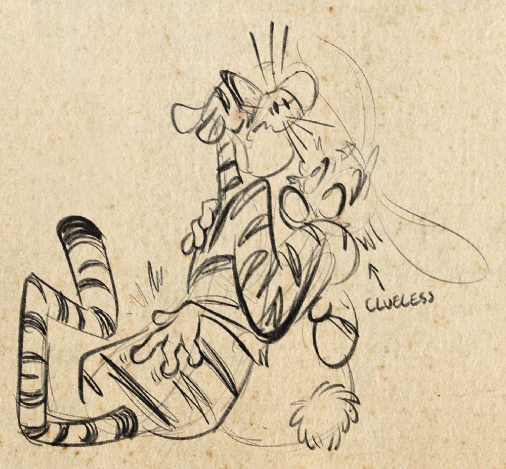 Tigger and Rabbit sat on the floor in a loose embrace. Rabbit mindlessly caresses Tigger’s lower back, causing the latter to stiffen in shock. Next to Rabbit is an arrow pointed at him and a label that reads: “clueless”