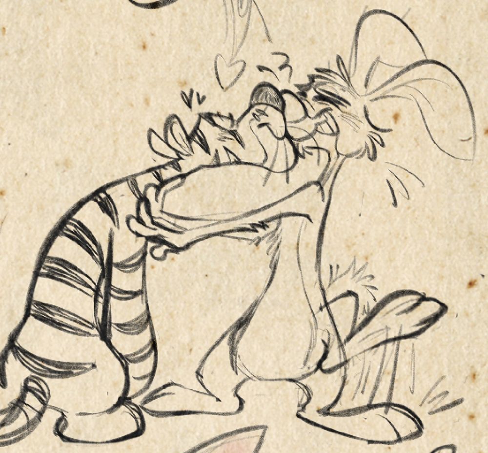 Tigger slumping forward, kissing Rabbit’s nose. Rabbit holds him back, smiling and thumping his foot.