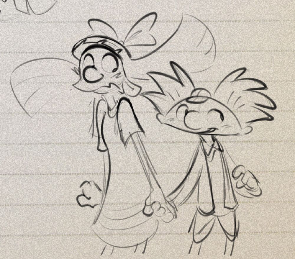 Helga and Arnold from “Hey Arnold!”, as seen in “The Jungle Movie.” The two hold hands. Arnold prepares to point out something offscreen. Helga looks down at their interlocked hands, flustered.