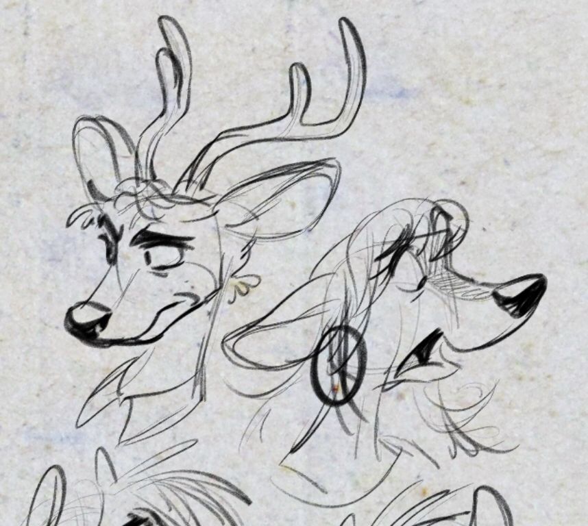 Rough sketches of Dennis and Dee Reynolds as anthropomorphic white-tailed deer
