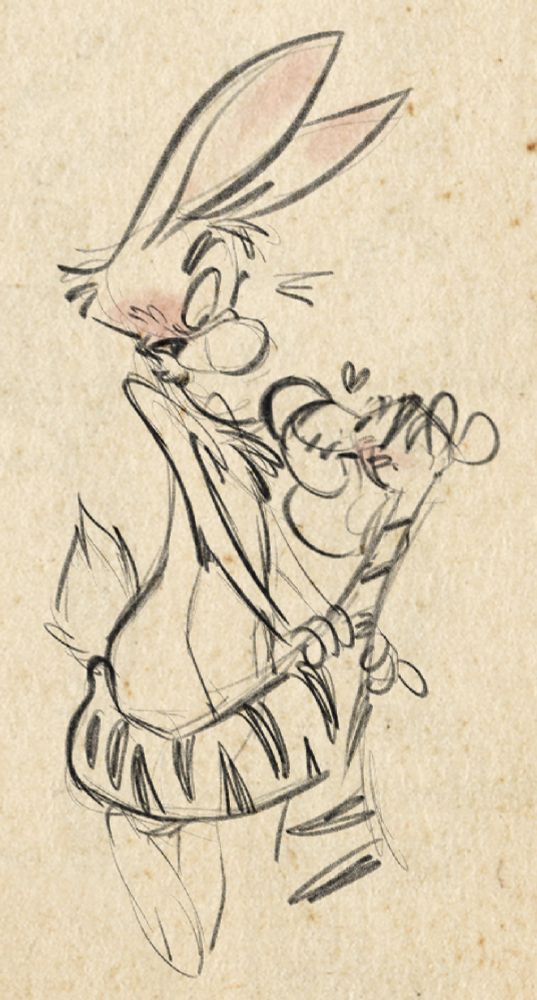 Tigger lifting up Rabbit into his arms. Tigger looks up at Rabbit lovingly; Rabbit looks down at Tigger in flustered shock.