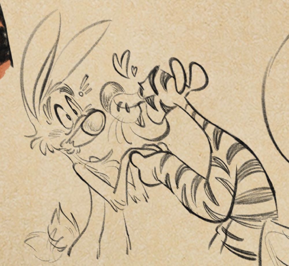 Tigger looking sweetly at a flustered Rabbit. He holds the latter’s paws in his own, leaning forward. Rabbit’s tail wags excitedly 