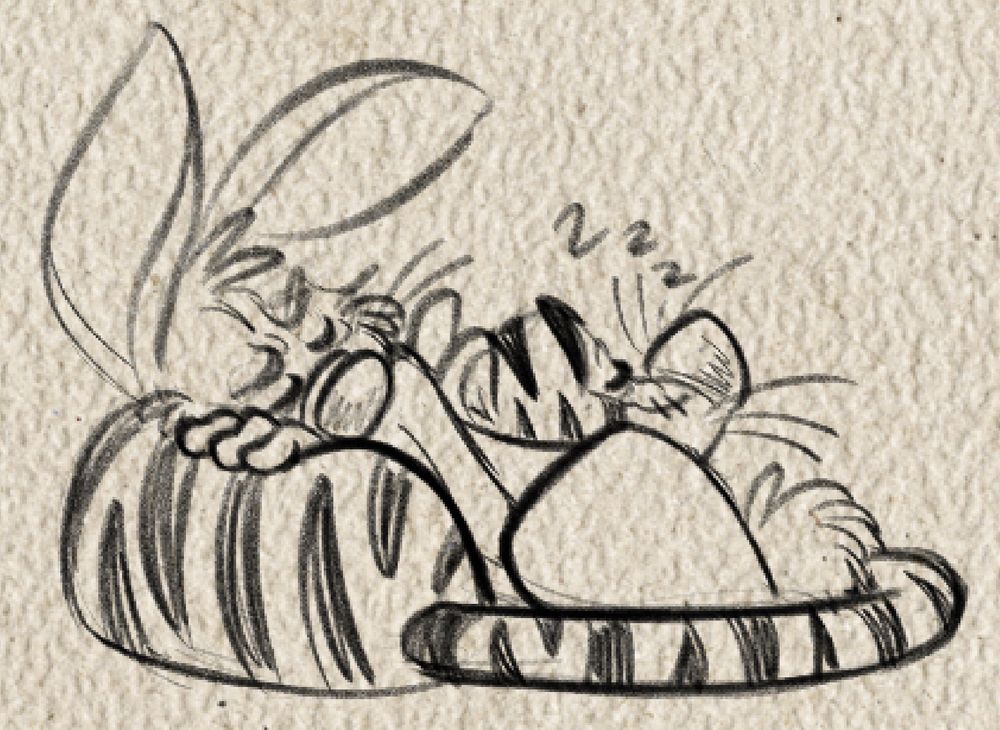 Rabbit and Tigger asleep together. Rabbit rests his head on Tigger’s torso while Tigger himself has wrapped himself comfortably around Rabbit