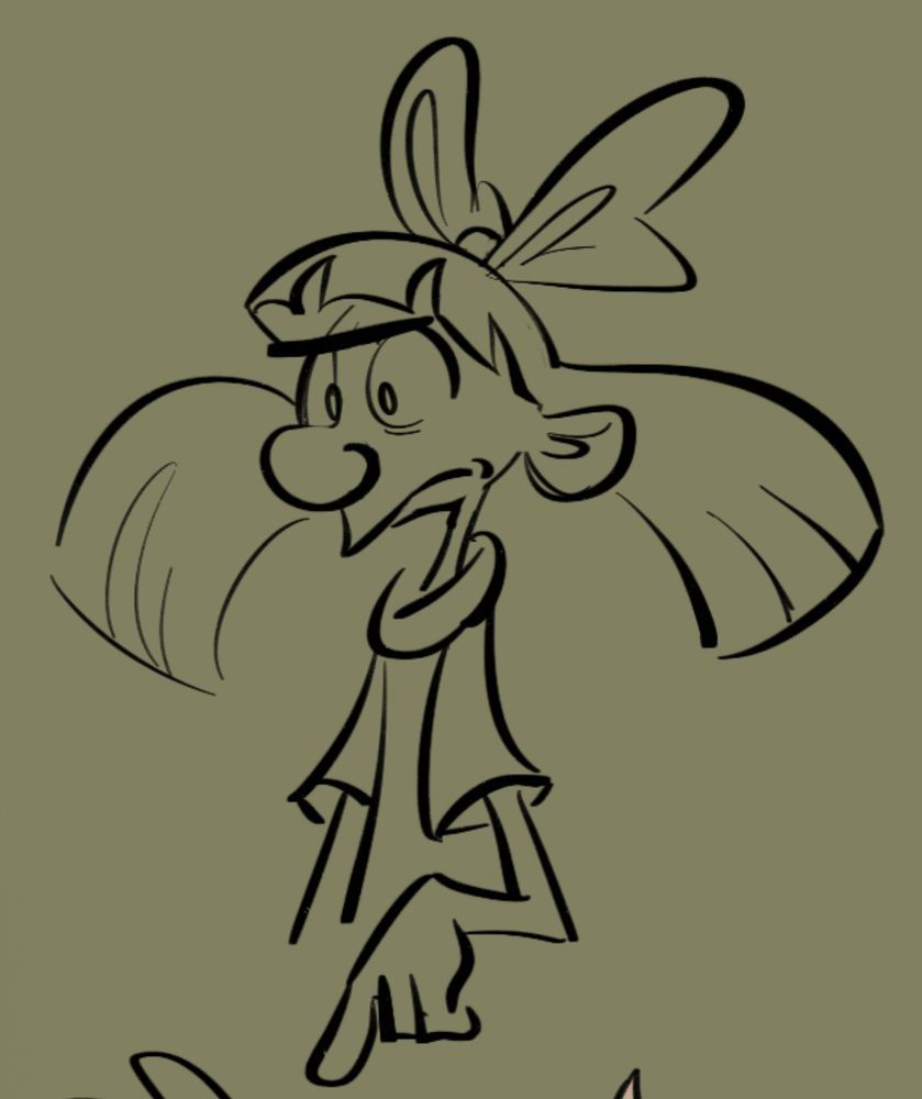 Sketch of Helga looking perturbed. She limply points a finger downward