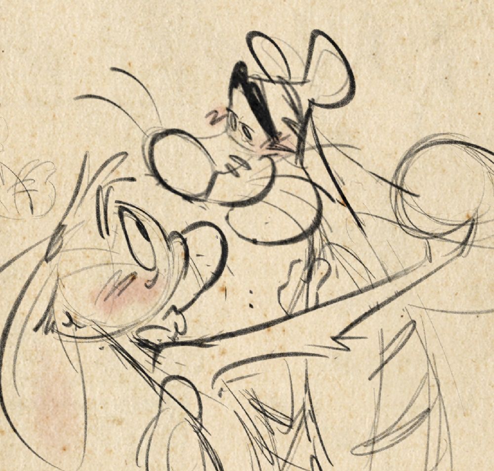 Sketch of Rabbit and Tigger from “Winnie the Pooh.” Tigger leads as the two dance together; Rabbit looks to him with a surprised look, meanwhile Tigger regards him with a fond smile. Both are blushing