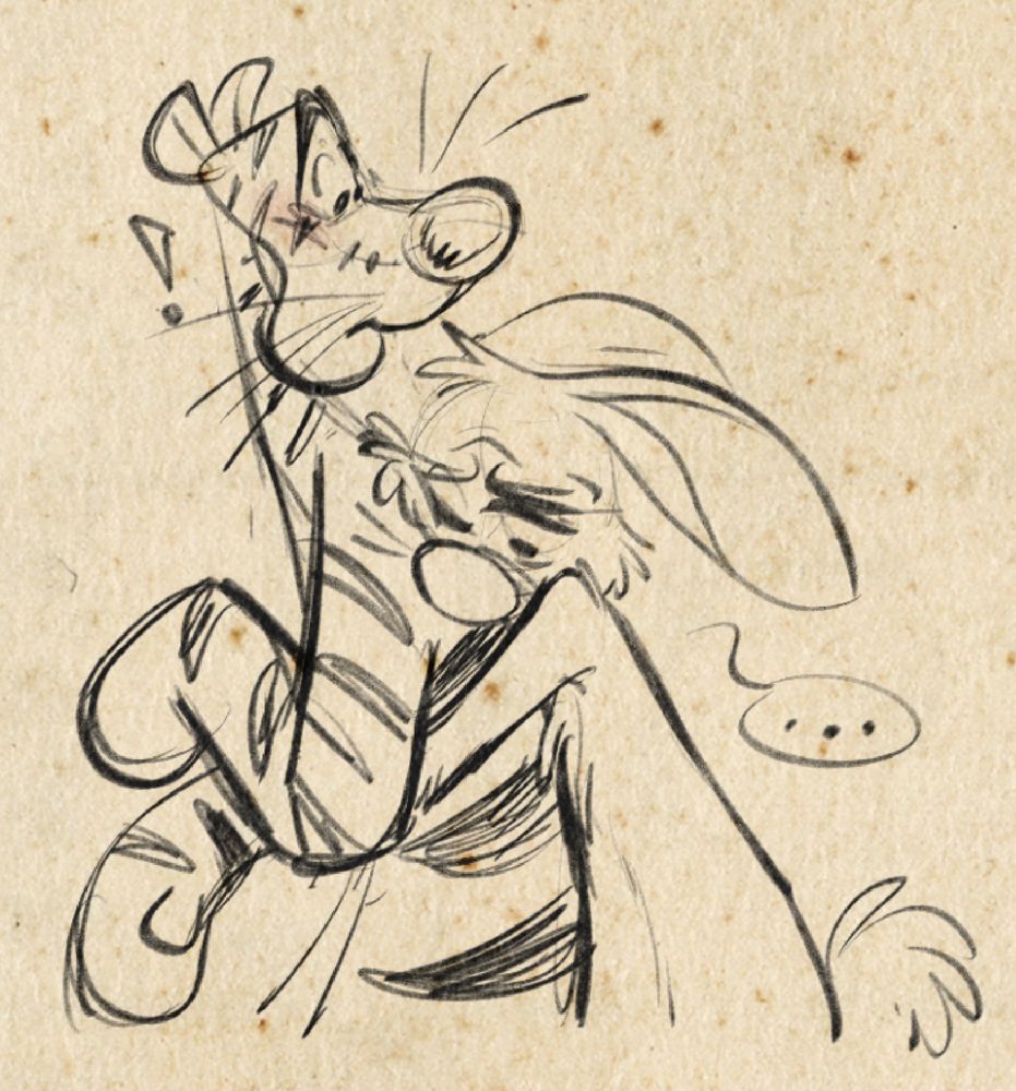 Rabbit hugging Tigger from behind. Rabbit presses his head solemnly up against Tigger’s back, looking away. Tigger looks back at Rabbit, surprised. 